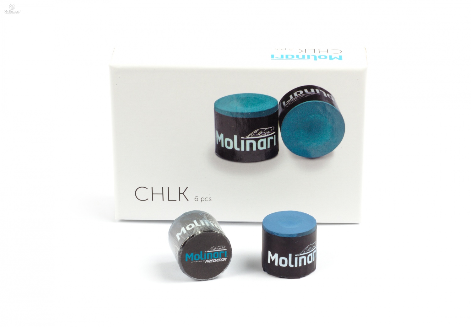round Billiard Chalk Box with 6 Piece Blue Molinari Billiards Chalk Chlk